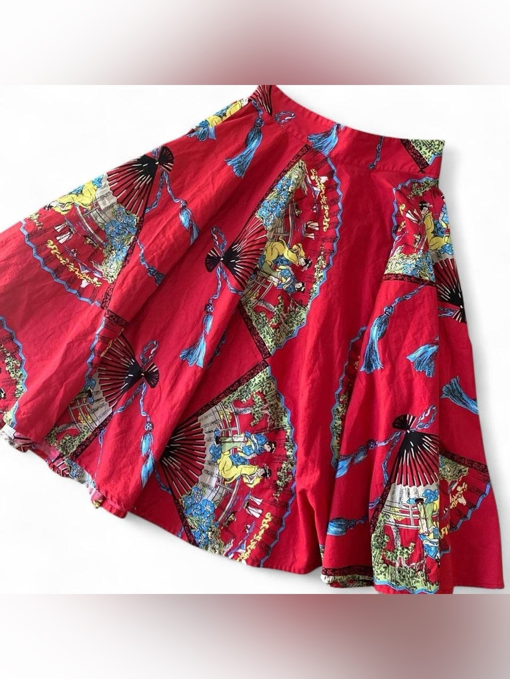 VINTAGE • Y2K Japanese Geisha Fan Printed Cotton Midi Skirt XS-S